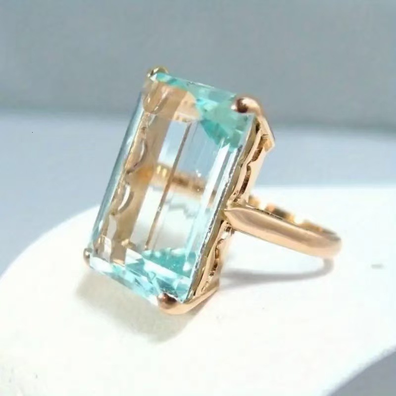 Hot Selling Style Luxury Imitation Sea Blue Topaz Square Diamond Exaggerated Light Luxury Personality Ring Jewelry