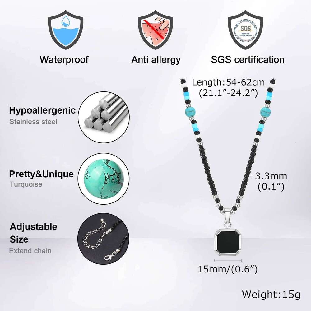 Vnox Boho Necklaces for Women Men, Geometric Square Natural Stone Pendant, Adjustable Blue Beads Chain, Ethnic Tribal Collar Z260123