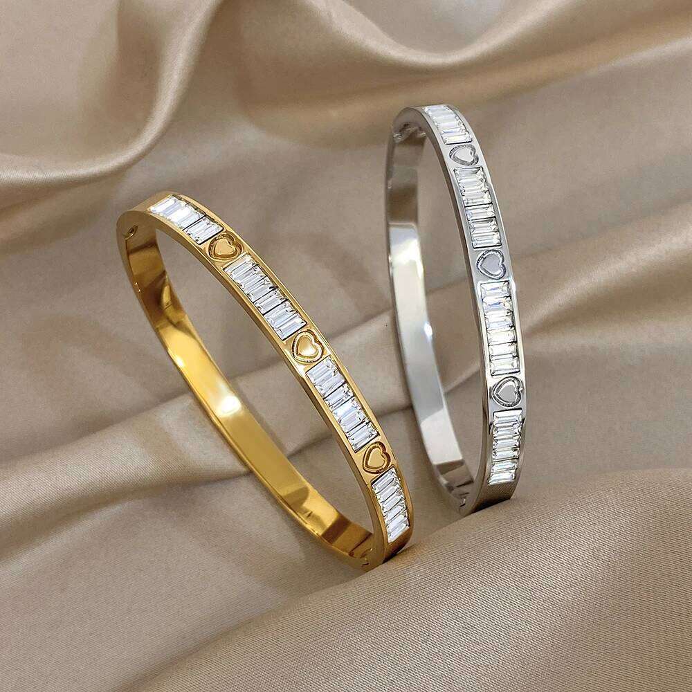 Stainless Steel Bracelets for Women Men Square Zircon Gold-Plated Love Heart Open Cuff Bangles Statement Wrist Jewelry Gift Z260123