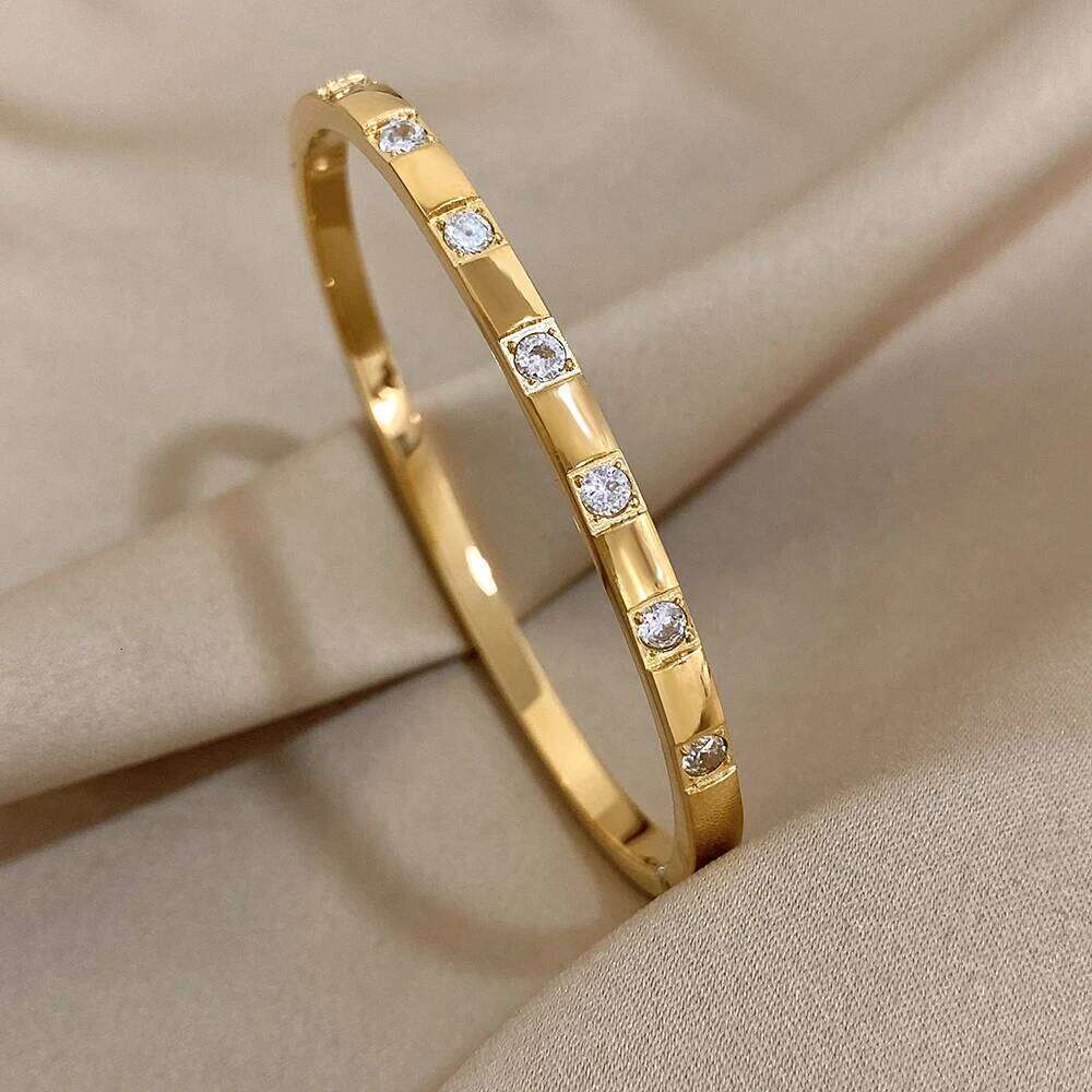 Stainless Steel Square Rhinestones Bangle Bracelet for Women Minimalist Cuff Bangles Waterproof Stackable Jewelry Accessories Z260123