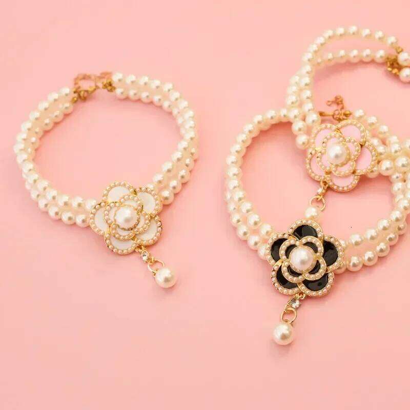 Pet Floral Camellia Ornament Pearl Necklace Small Cat And Dog Collar