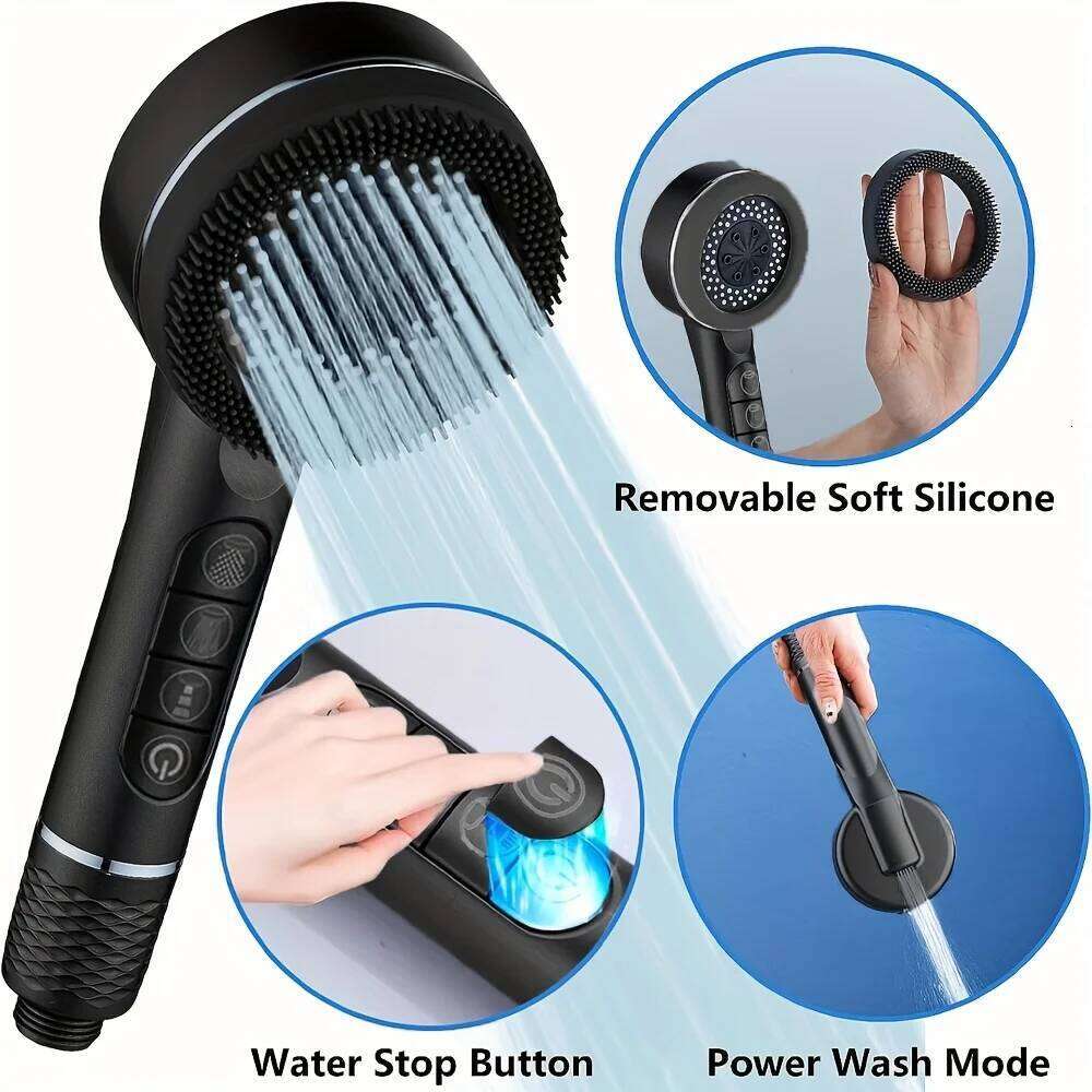4 Modes Pressurized Head Thickened ABS Handheld Filter Showerhead with Silicone Brush One-Key Stop Water Shower Nozzle 26Y0123 M260320