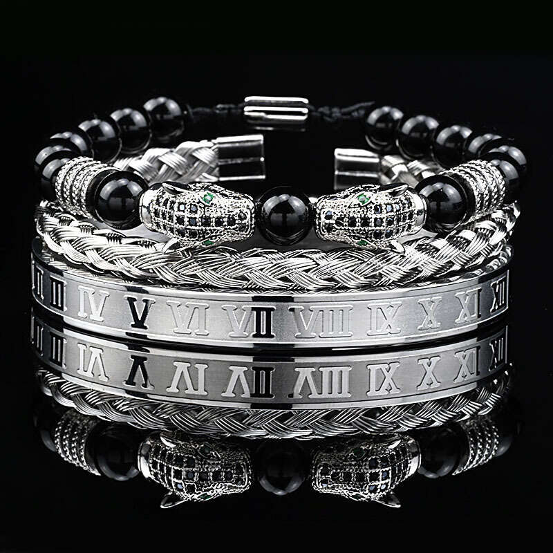 Micro-Inlaid Zircon Double Leopard Head Shiny Black Bead Braided Bracelet Stainless Steel Roman Bangle