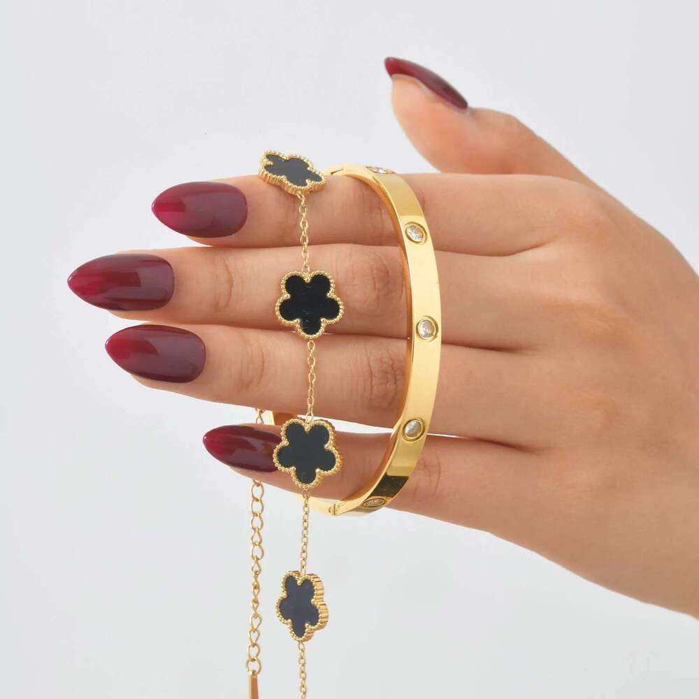 Exquisite Five Flower Bracelet Set for Women, Luxury Stainless Steel Zircon Openable Bangle, Classic Fashion Jewelry Gift Clover Z260123