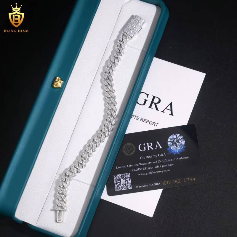 Hot Sale Iced Out 10mm 925 Silver VVS Moissanite Cuban Link Chain Necklace Bracelet Men Pass Diamond Tester Hip Hop with GRA