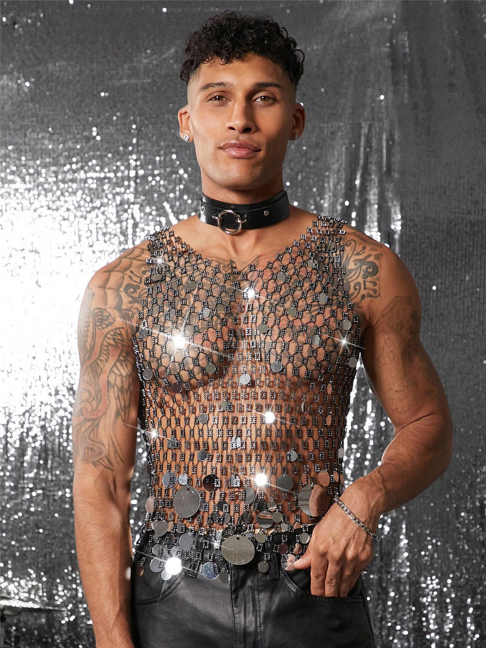 Stage Wear Heavy Duty Rhinestone Cutout Sequin Mesh Cover Up Men Sexy Club Party Sleeveless Tank Top