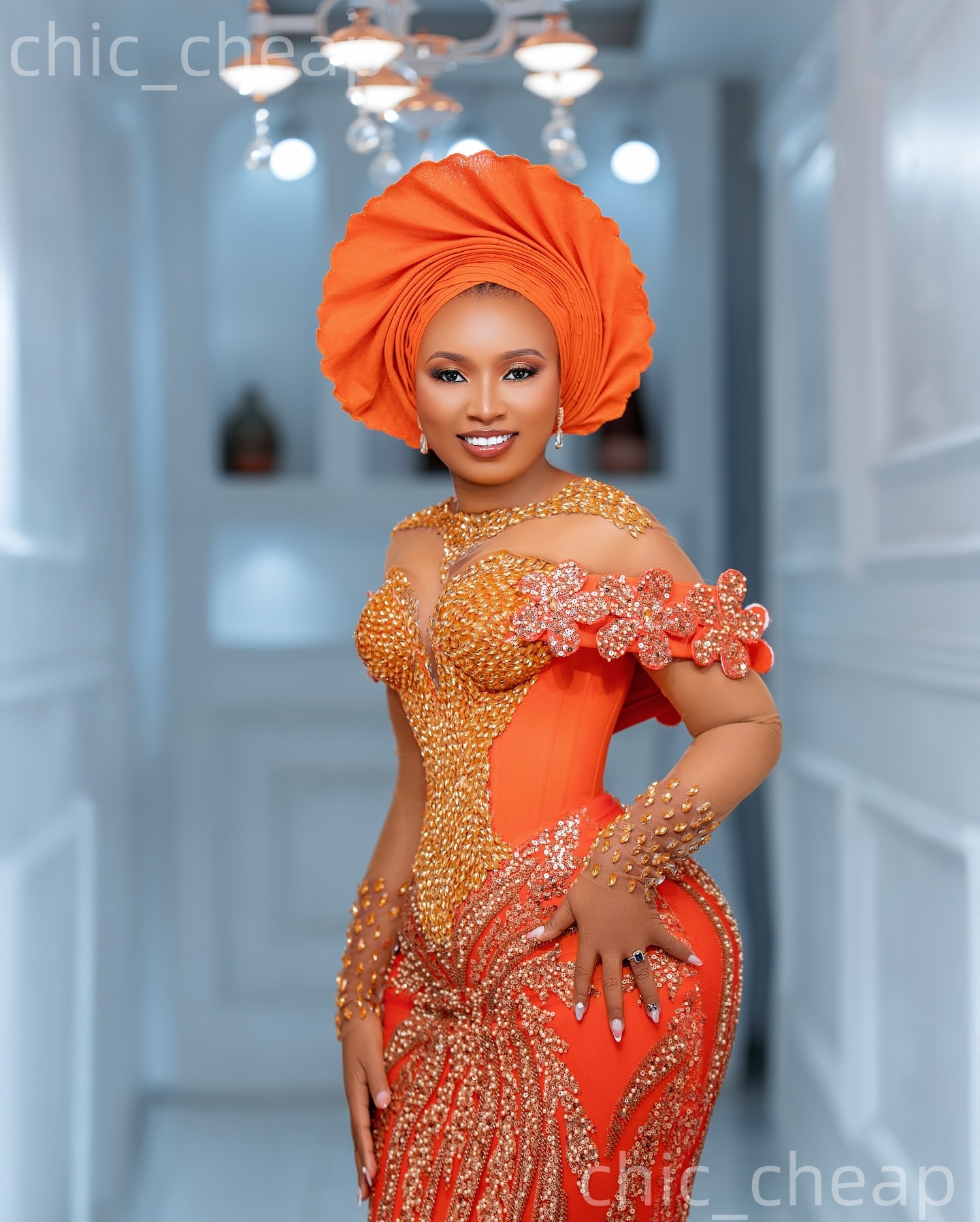 Aso Ebi Orange Mermaid Prom Dresses 2026 Flowers Crystals Beaded Sequined Evening Formal Party Second Birthday Reception Gowns Dress For Special Occas