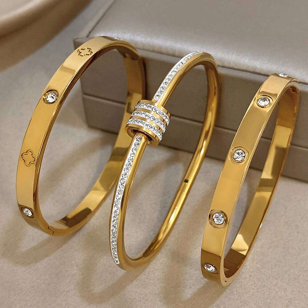 Luxury Stainless Steel Cuff Bangle for Women Men Brand Inlaid Zircon Gold-Plated Lucky Beads Bracelets Bangles Wrist Jewelry Z260123