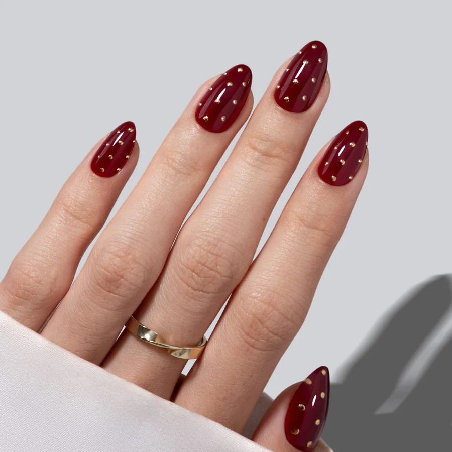 Cherry Dark Red and Gold Polka Dots Press on Nails