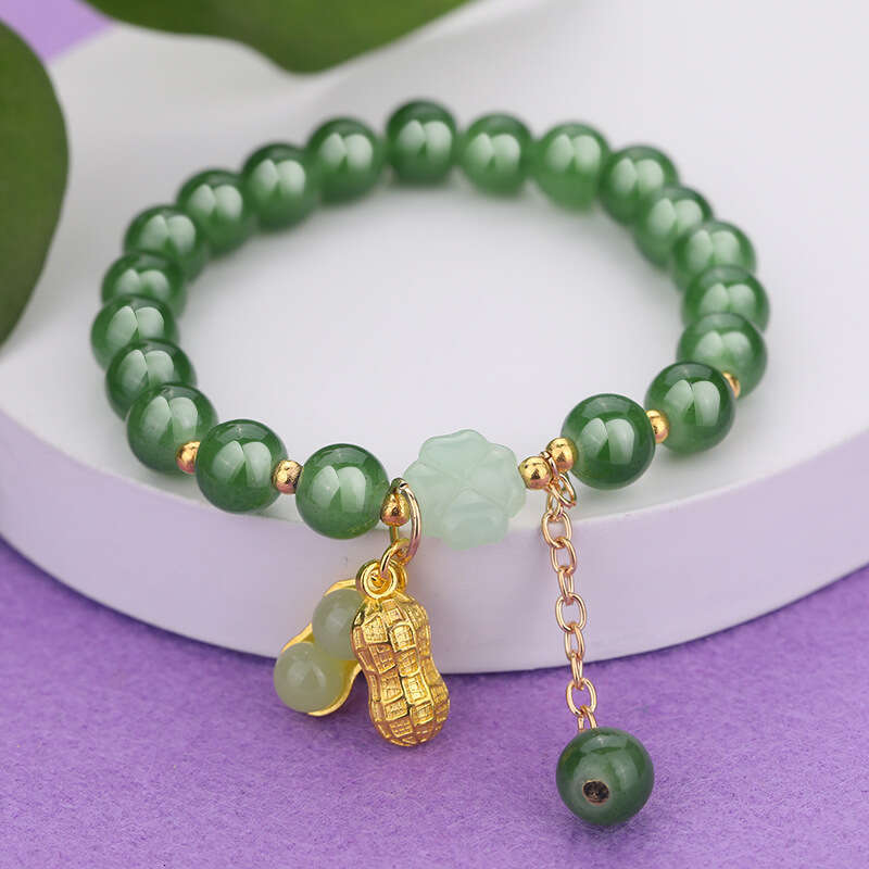 Elegant Green Jade Bead Bracelet with Gold Charm Lucky Chinese-Style Fashion Jewelry for Women & Girls