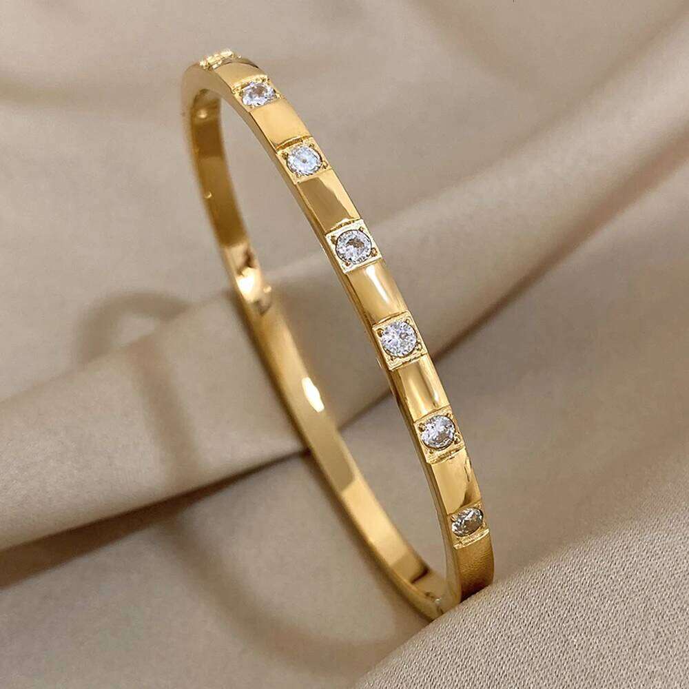 AENSOA Simple Classic New Gold Plated Stainless Steel Inlaid Square Rhinestone Bangle Bracelet Charm Waterproof Jewelry Z260123