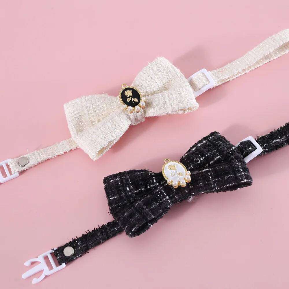 Pet Woven Lattice Pearl Bow Tie Collar For Cats And Dogs, Adjustable Clothing Accessory