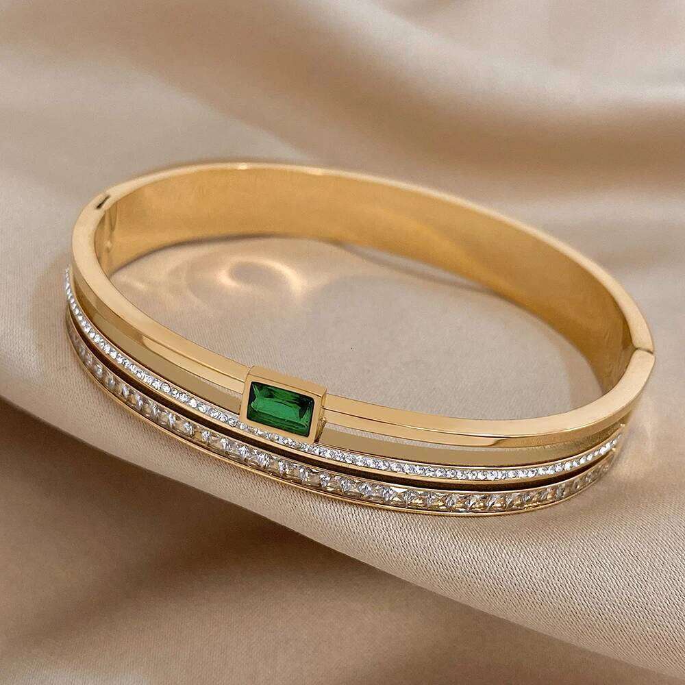 Luxury Stainless Steel Cuff Bracelet For Women Mens Gold Silver Color Couple Bracelets Green White Rhinestone Wide Bangle Gift Z260123