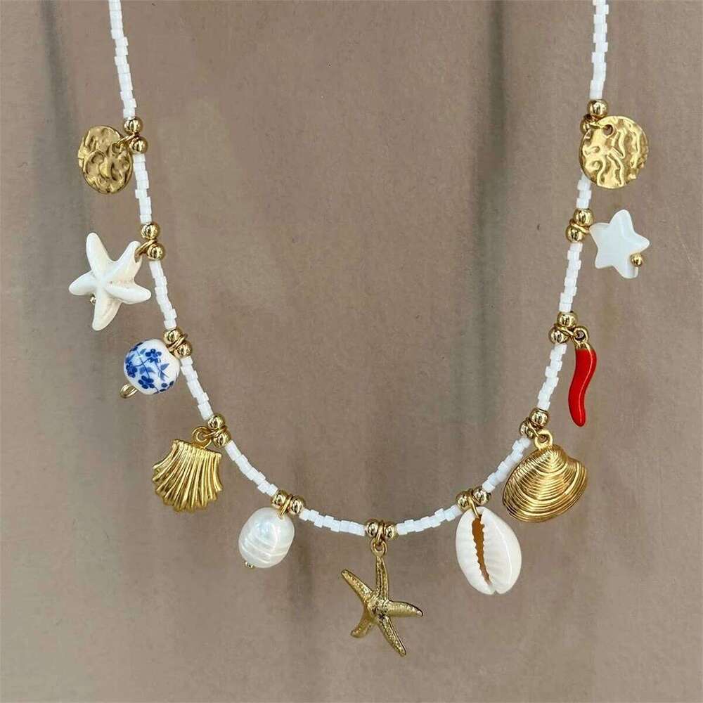 Bohemian Beach Shell Imitation Pearl Sea Star Conch Pendant Necklace Jewelry Gold Plated Color Preserved Z260123