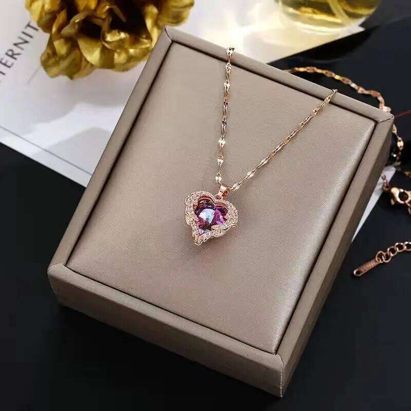 Super Luxury Colorful Crystal Ocean Heart Necklaces For Women Korean Fashion Stainless Steel Jewelry Female Wedding Accessories Z260123