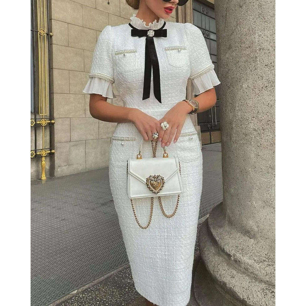 Casual Dresses Women Dress Elegant Round Neck Short Sleeves Bow Ruffle Hem Beaded Fashion Fairycore White Party Outfit