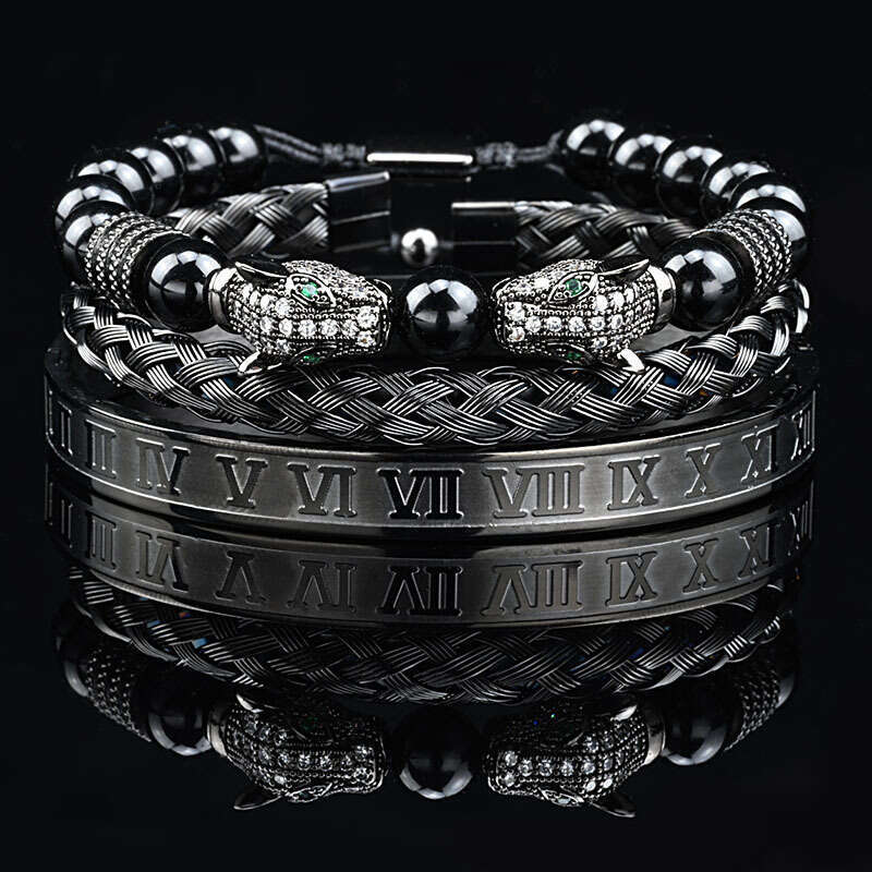 Micro-Inlaid Zircon Double Leopard Head Shiny Black Bead Braided Bracelet Stainless Steel Roman Bangle