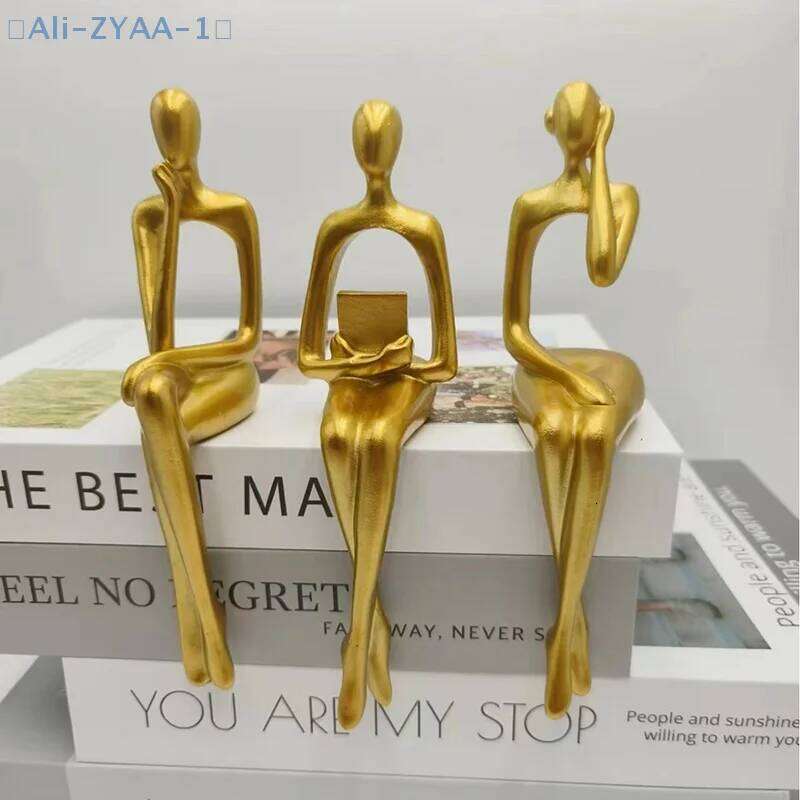 1Thinker Figure Sculpture Small Ornaments Resin Home Gold Abstract Statue Office Decor