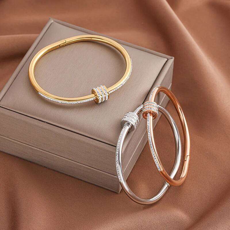 316L Stainless Steel 2025 New Fashion Waterproof Jewelry Embed 3 Rows Zircon Cylinder Charm Bangle Bracelet For Women Decoration Z260123