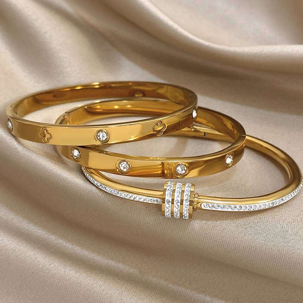 Luxury Stainless Steel Cuff Bangle for Women Men Brand Inlaid Zircon Gold-Plated Lucky Beads Bracelets Bangles Wrist Jewelry Z260123