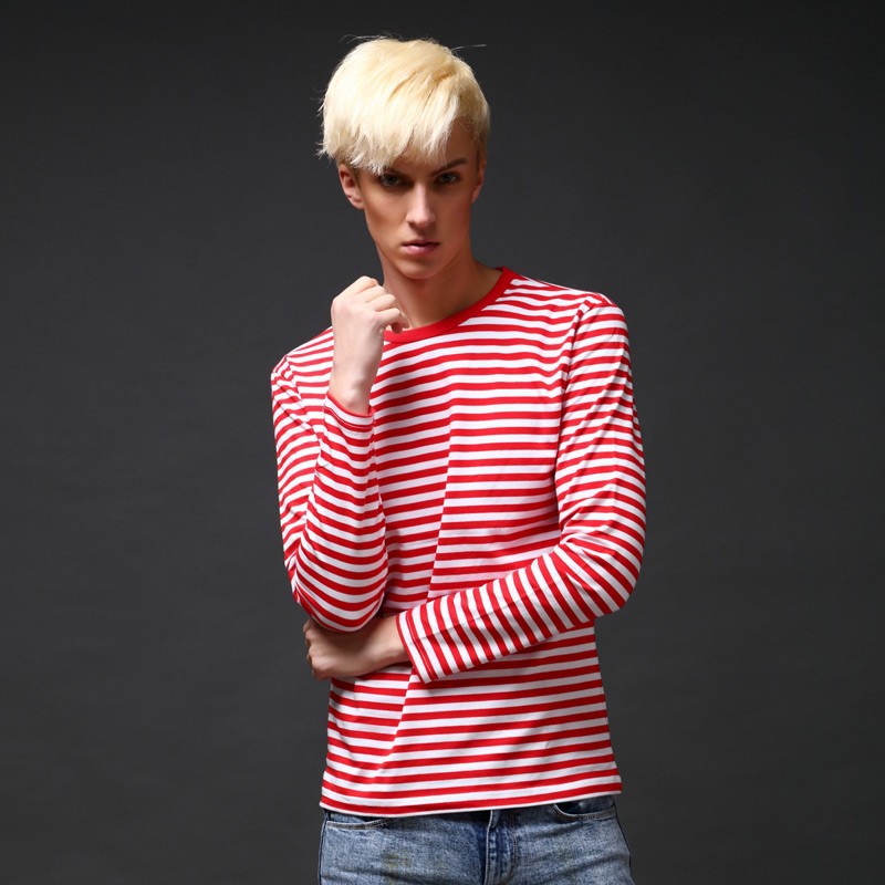 Spring and Autumn 2025 New Style Men's Long Sleeve Large Size T-shirt Sailor Shirt Pure Cotton Striped T-shirt Intermittent StripesXJ241210
