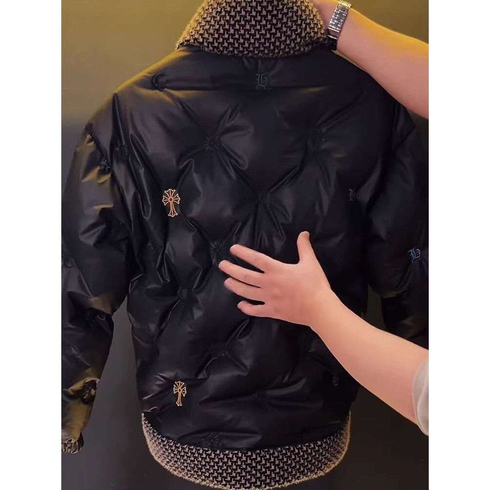 Men's Autumn Winter Hooded Coat Patchwork Cotton Jacket Fashion Versatile Warm Parkas with Wheat Spike Design