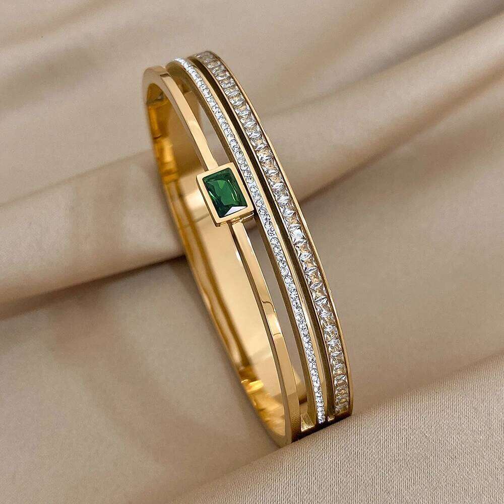 Luxury Stainless Steel Cuff Bracelet For Women Mens Gold Silver Color Couple Bracelets Green White Rhinestone Wide Bangle Gift Z260123