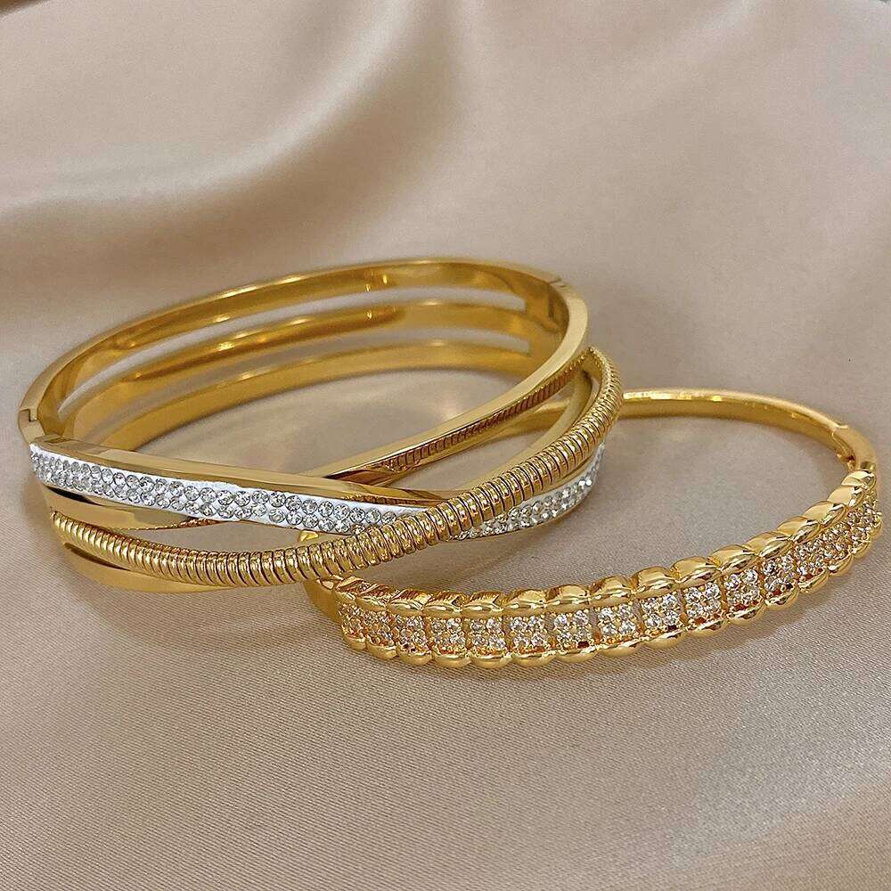Crossed Rhinestone Stainless Steel Open Cuff Bangles Bracelets Fashion Charm Bracelet Jewelry Set Wrist Accessories Z260123