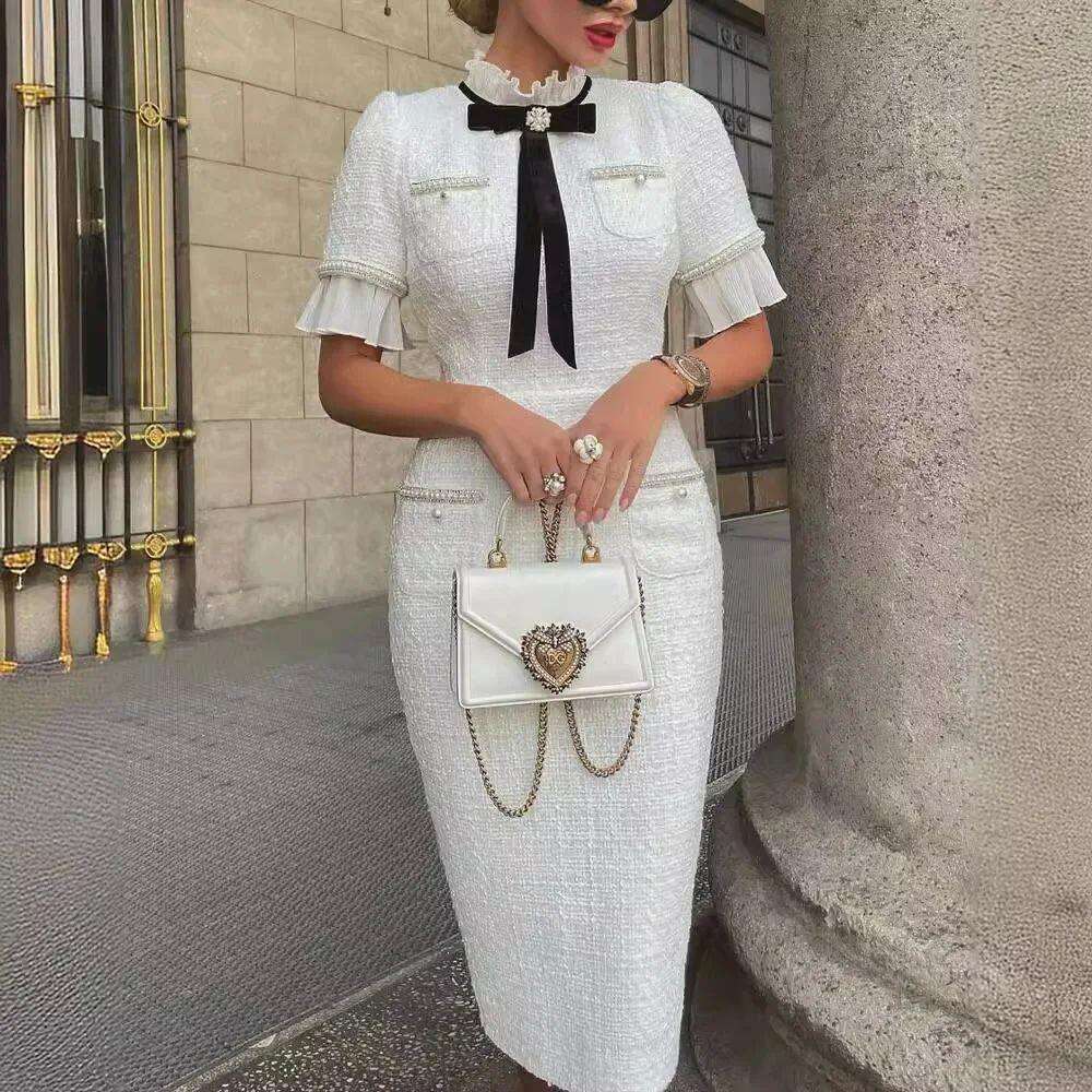 Casual Dresses Women Dress Elegant Round Neck Short Sleeves Bow Ruffle Hem Beaded Fashion Fairycore White Party Outfit