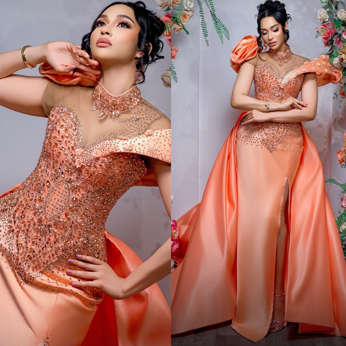 Aso Ebi Coral Sheath Prom Dresses 2026 Flowers Crystals Satin Detachable Train Evening Formal Party Second Birthday Reception Gowns Dress For Special 