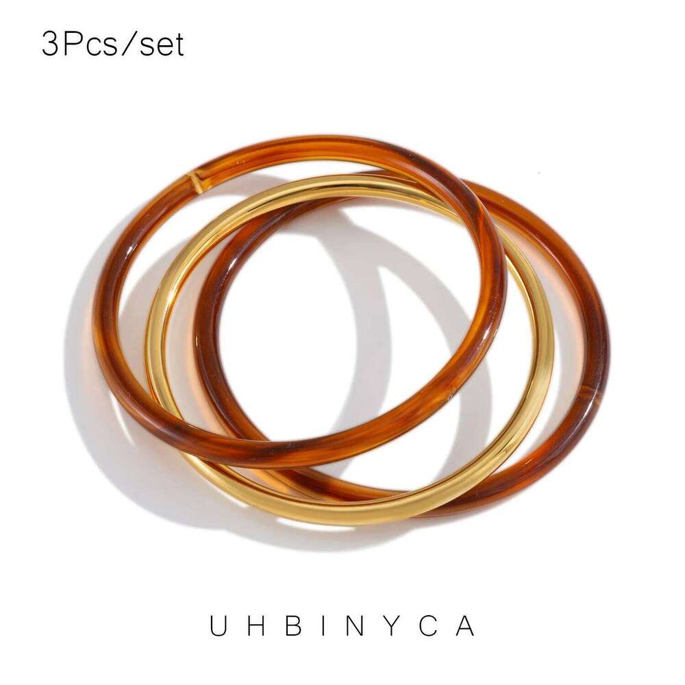 3Pcs/Set 64mm Round Circle Resin Stainless Steel Bracelet Bangle Set Amber Color Acrylic Wrist Trend Jewelry Z260123