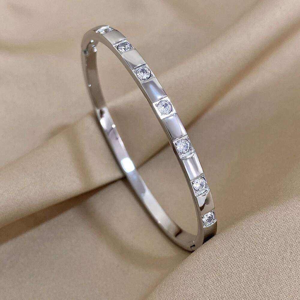 Stainless Steel Square Rhinestones Bangle Bracelet for Women Minimalist Cuff Bangles Waterproof Stackable Jewelry Accessories Z260123