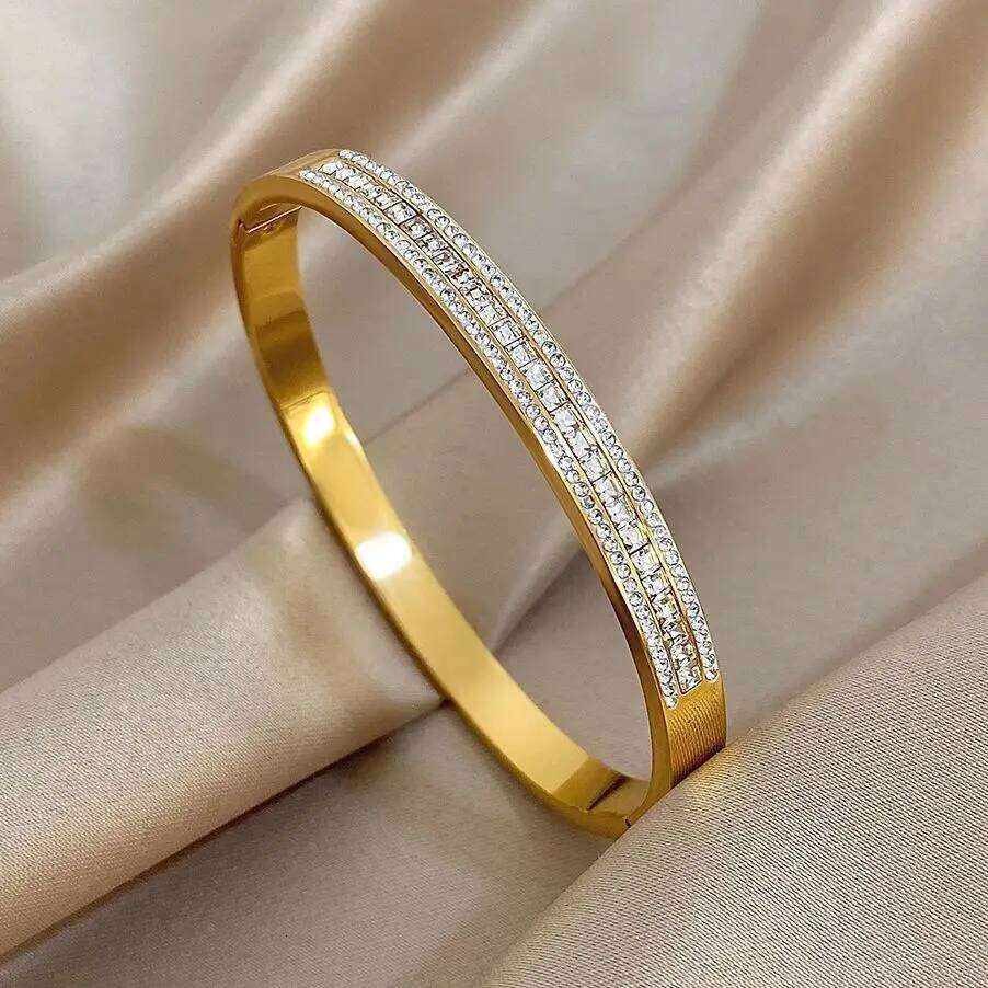 Luxury Micro Inlaid Zircon Bracelet for Women Trendy Gold Plated Stainless Steel Cuff Bangle Bracelets Waterproof Jewelry Z260123