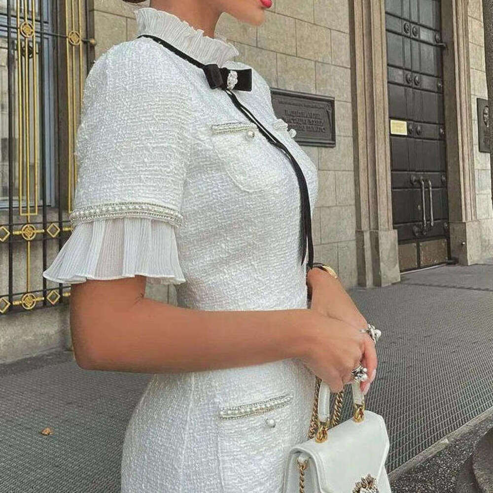 Clothing Ladies Casual Dresses Women Dress Elegant Round Neck Short Sleeves Bow Ruffle Hem Beaded Fashion Fairycore White Plus Size