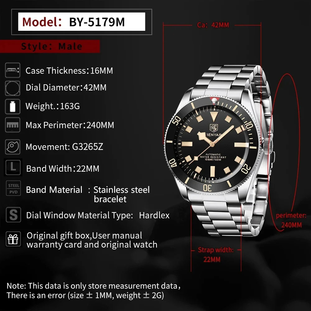 BENYAR Mens Watches Mechanical Automatic Watch BB58 Sport Watch For Men 2025 Stainless Steel Waterproof Business Luminous Clock 260114
