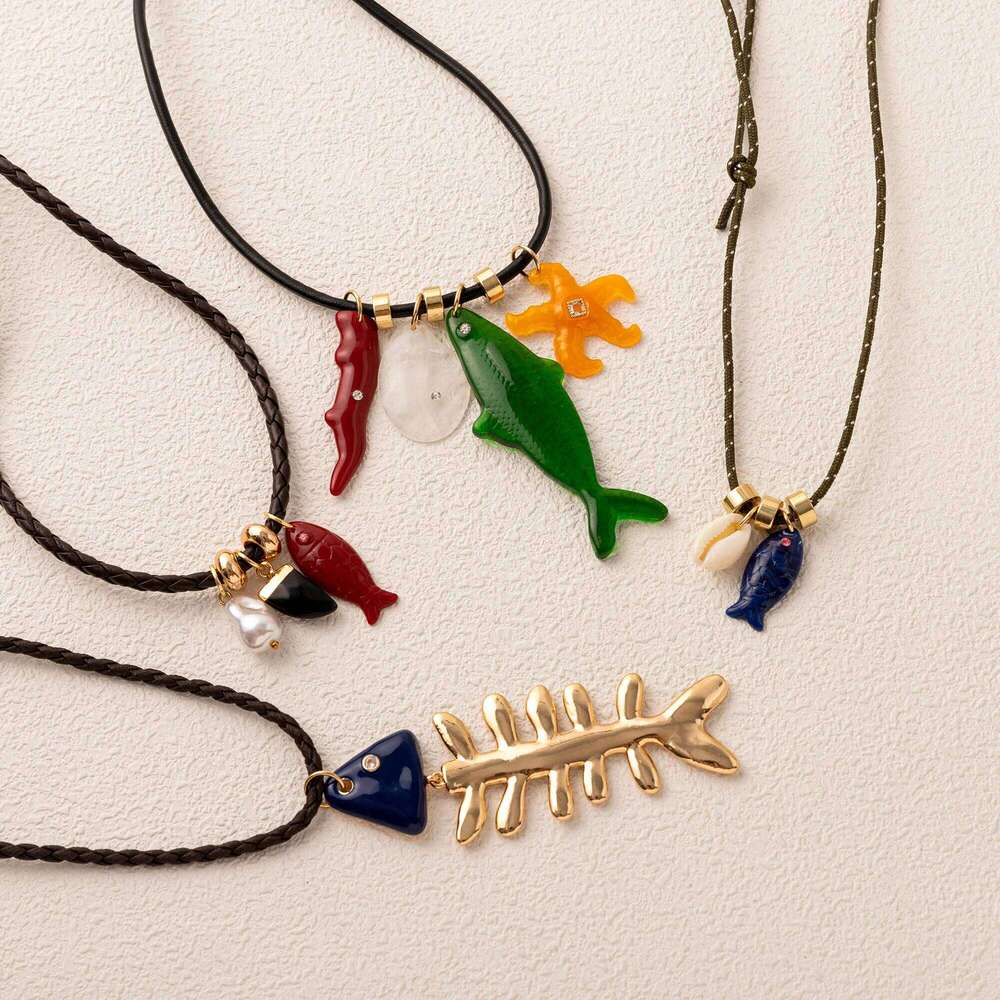 Copper Material Multi Pendant Summer Ocean Small Starfish Fish Bone Rope Necklace Gold Plated Color Preserved Z260123