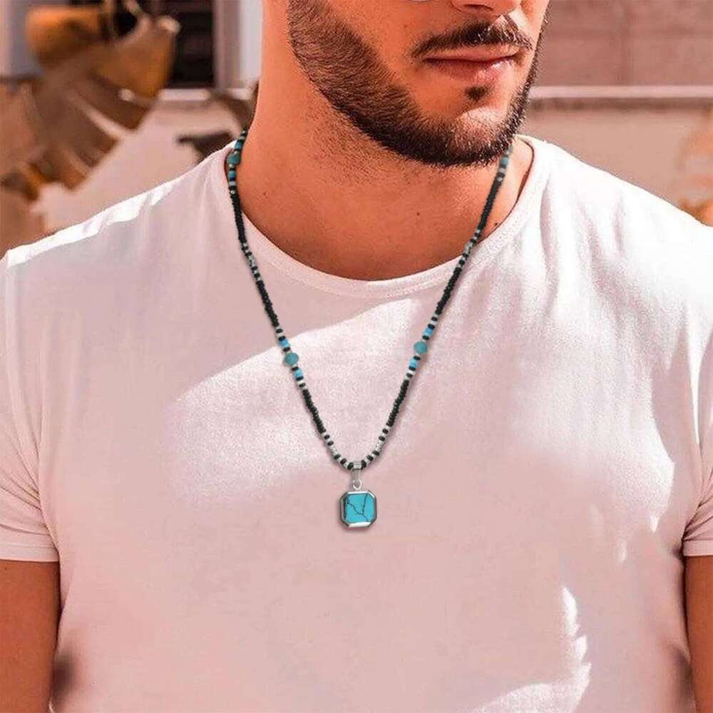 Vnox Boho Necklaces for Women Men, Geometric Square Natural Stone Pendant, Adjustable Blue Beads Chain, Ethnic Tribal Collar Z260123