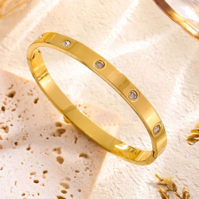 Simple Luxury Jewelry Waterproof Stainless Steel Wide for Women Men Cuff Bangles Ten Zircon 18k Gold Plated Couple Bangle Z260123