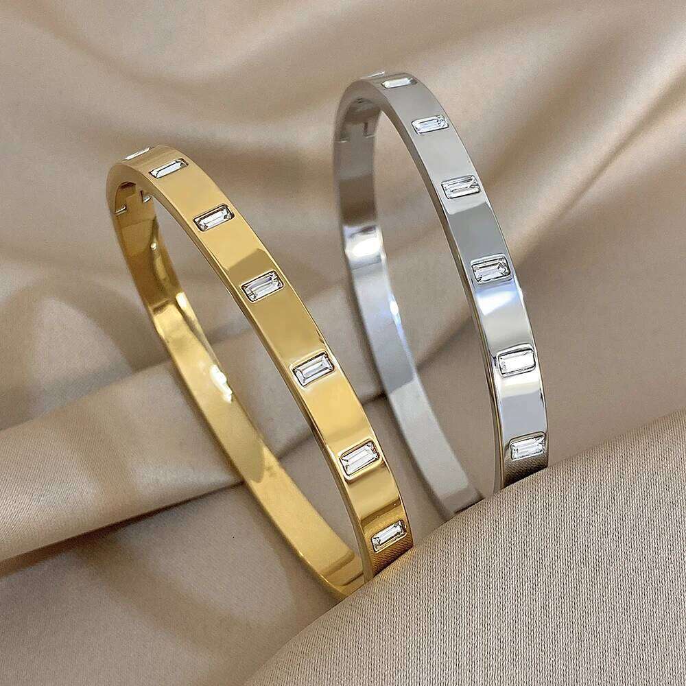 Luxury Inlaid Square Zircon Cuff Bangle Bracelets for Women Trendy Waterproof Gold Silver Color Stainless Steel Stacked Bracelet Z260123
