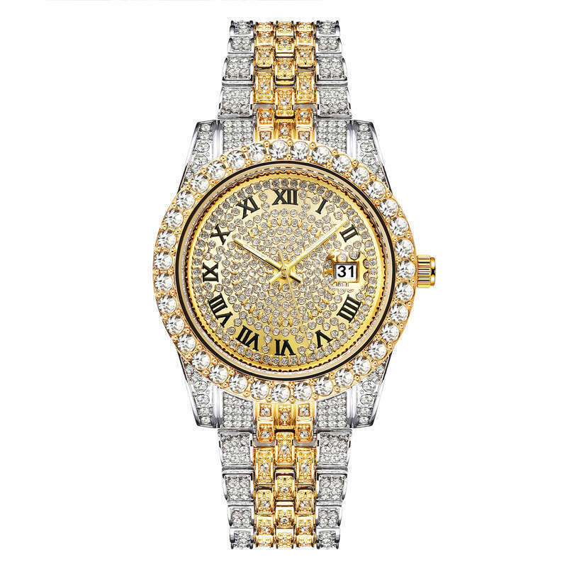 2PES/Set Luxury Fashion Set with Diamonds, European and American Hip-Hop Trendy Cool Men's Watch