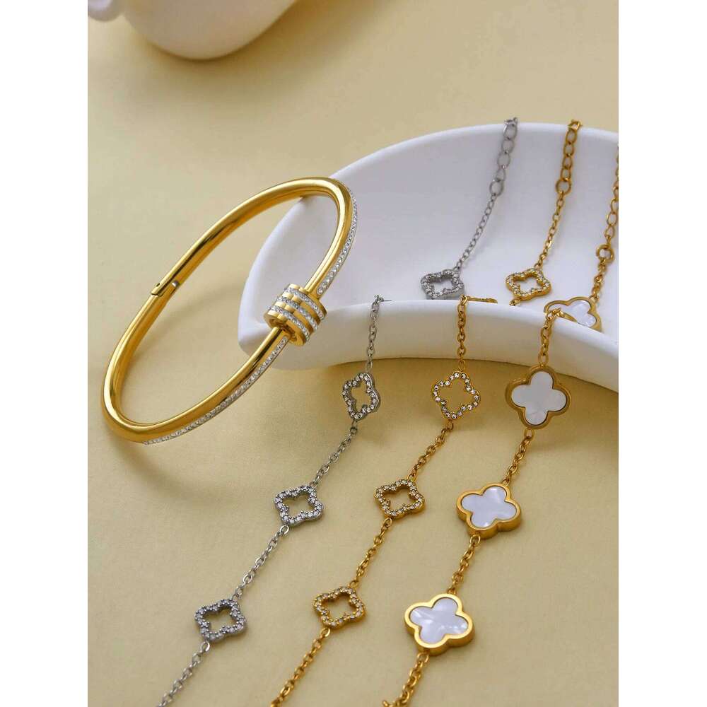 Korean Light Luxury Senior Stainless Steel With Diamonds Circle, Clover, Hollow Flower Bracelet Female Z260123