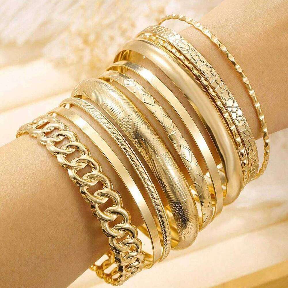 10pcs/set Metal Bangles Set For Women Heavy Punk New Styles Hiphop Textured Fashion Stackable Bracelets Party Jewelry Z260123