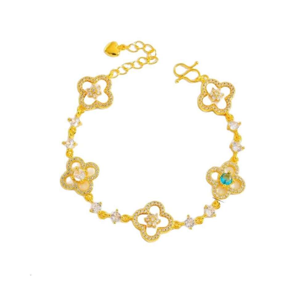 Gold Store Same Style Pink Mother-of-Pearl Five-Flower Bracelet for Women Hollow Inlaid Blue Diamond High-End Light Luxury Versatile Jewelry