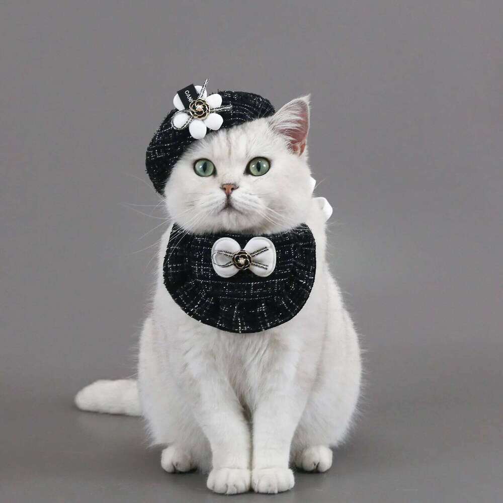 Small Floral-style Pet Set For Cats And Dogs, Including A Bib, Knitted Hat With Camellia Buds, Bowknot, And Lace Trimming