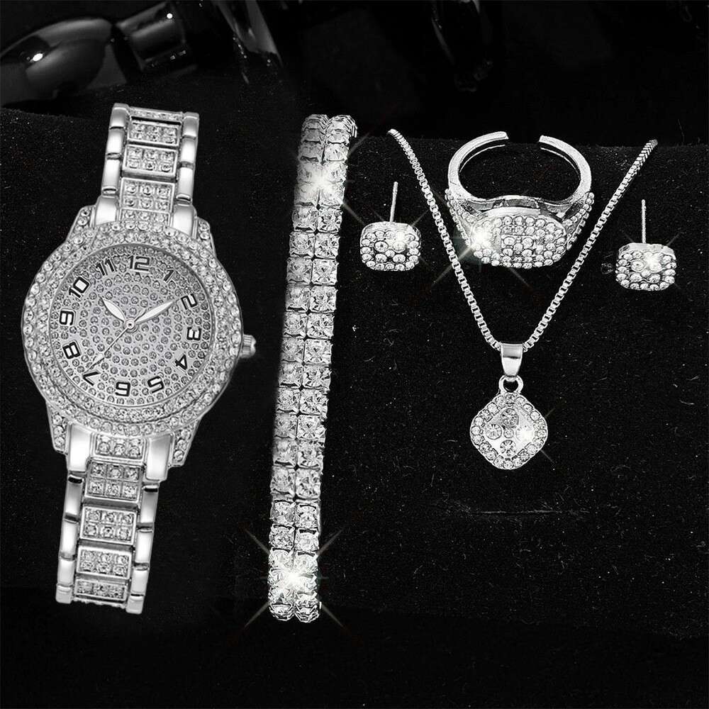 Full Diamond Roman Numeral Steel Band Starry Sky Elegant Business Quartz Women's Watch Jewelry Set