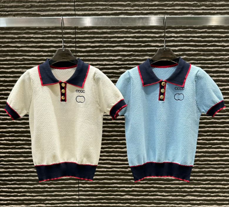 fashion luxury designer Letters Embroidered Knit Top Women Knitted Tee Short Sleeve T Shirt Color Blocked Knit Wear