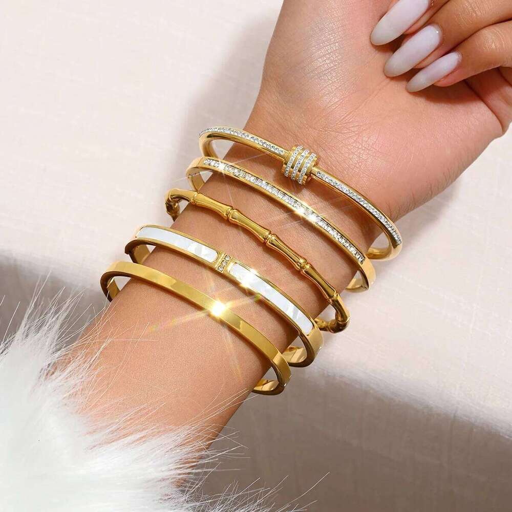 Stackable Gold Plated Bracelet for Women Her Crystal Pearl Bamboo Stainless Steel Bangles Daily Party Jewelry 2025 Trendy Gift Z260123