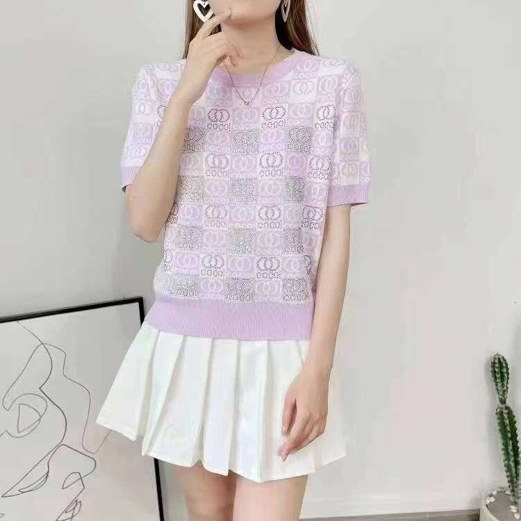 Summer Thin Knitted Short Sleeve T-Shirt For Women, Niche Jacquard Design, European Style, Heavy Embroidery, Rhinestone, Ice Silk Plaid Top Xing Zhigu