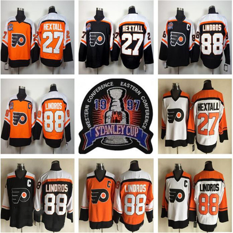 Philadelphia 27 Ron Hextall Hockey Jersey Black Orange White Retro 88 Eric Lindros Vintage Stitched Flyer Jerseys High Quality