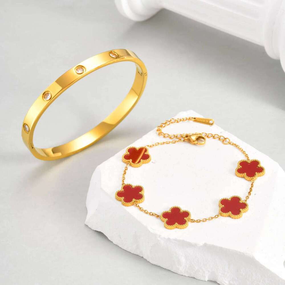 Exquisite Five Flower Bracelet Set for Women, Luxury Stainless Steel Zircon Openable Bangle, Classic Fashion Jewelry Gift Clover Z260123